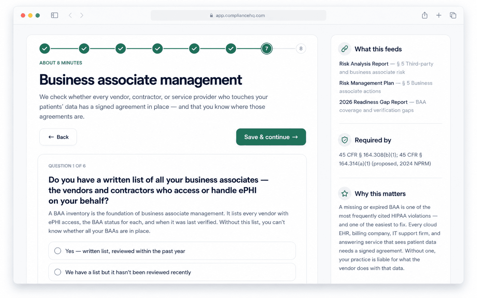 Sample assessment interface showing plain-English HIPAA questions